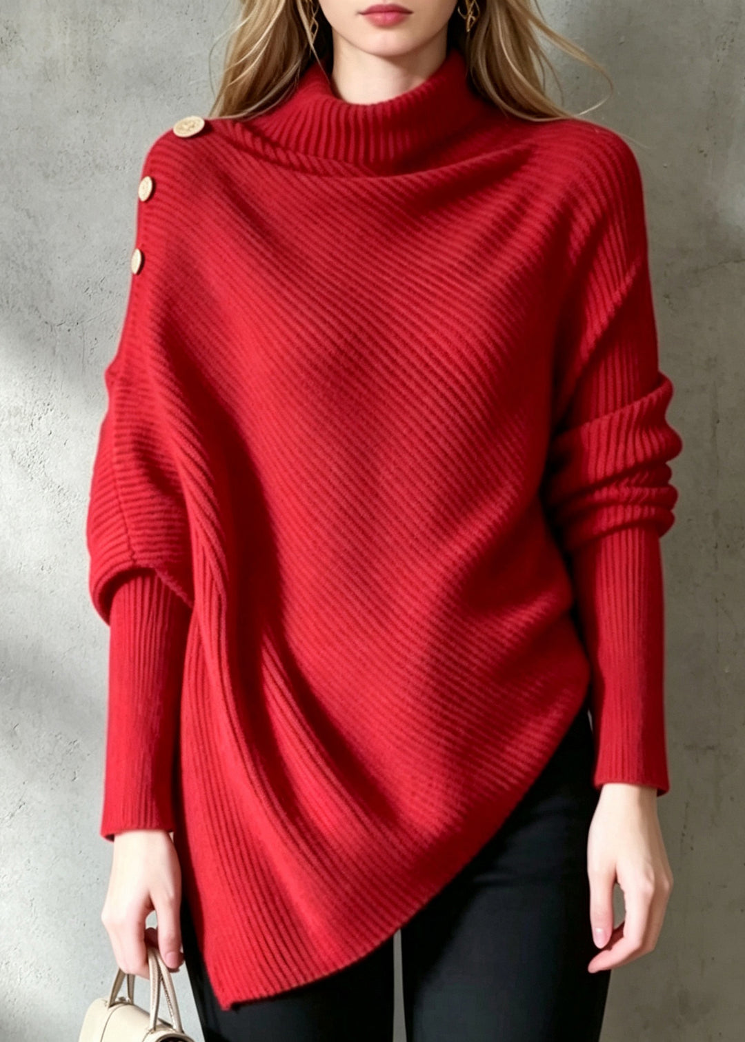 French Red Turtleneck Asymmetrical Knit Pullover Long Sleeve