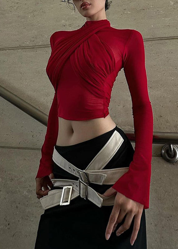 French Red Turtleneck Sheer Tulle Top Spring