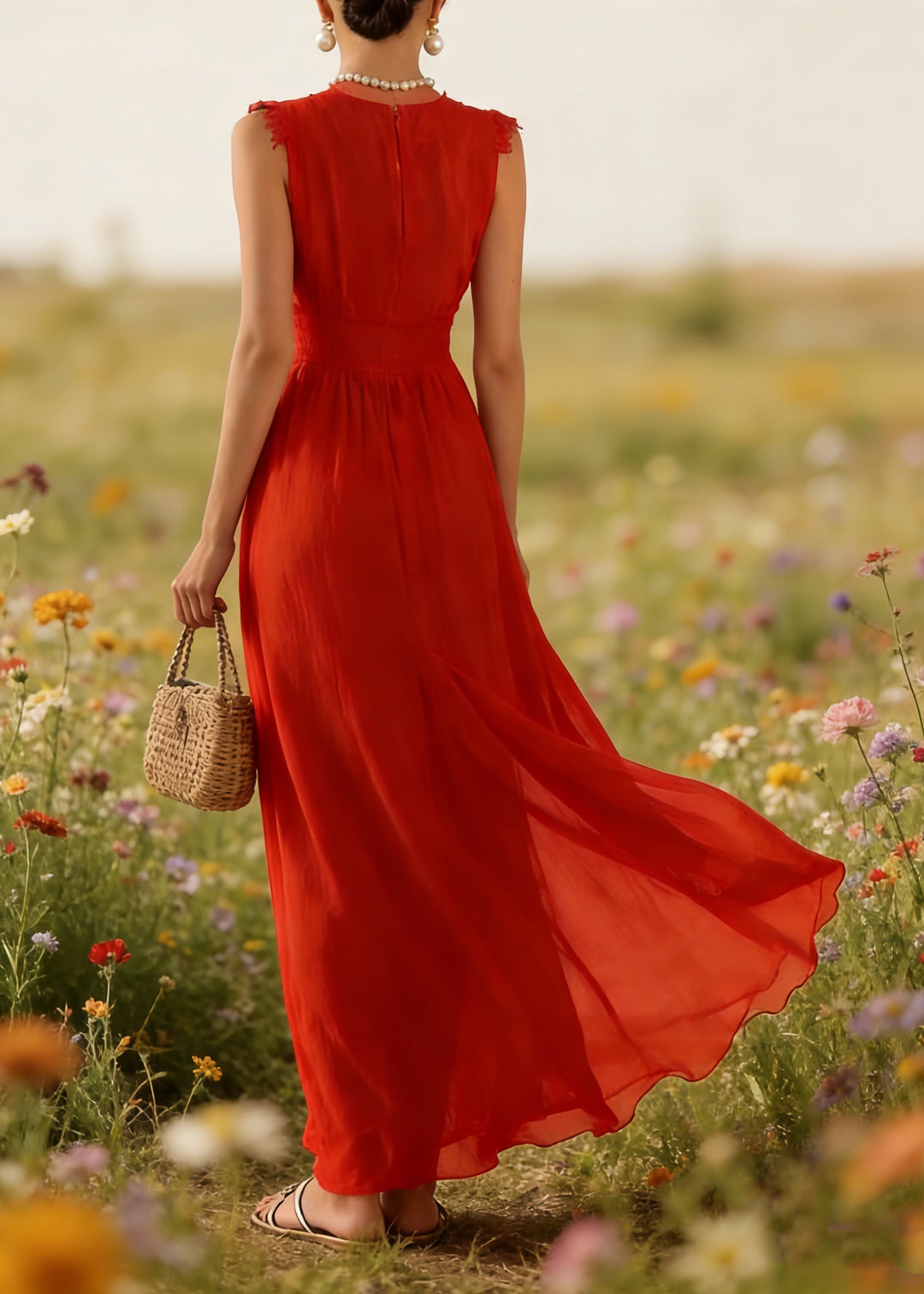 French Red V Neck Lace Patchwork Cotton Maxi Dress Summer - Omychic