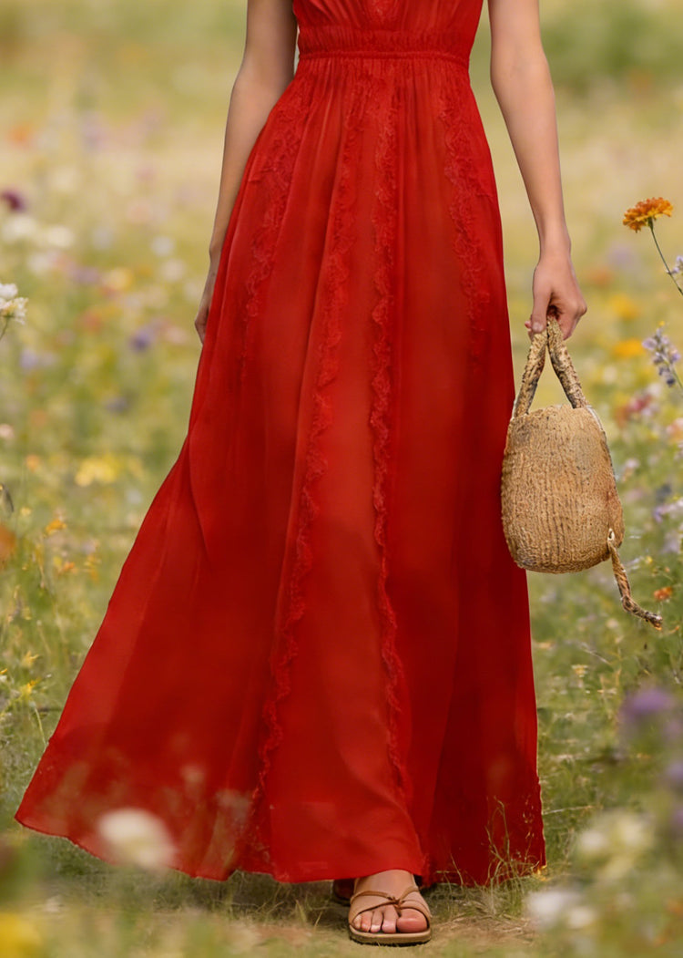 French Red V Neck Lace Patchwork Cotton Maxi Dress Summer - Omychic