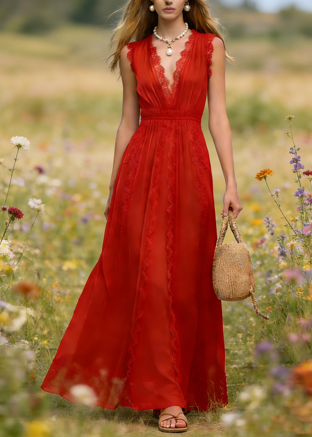 French Red V Neck Lace Patchwork Cotton Maxi Dress Summer - Omychic