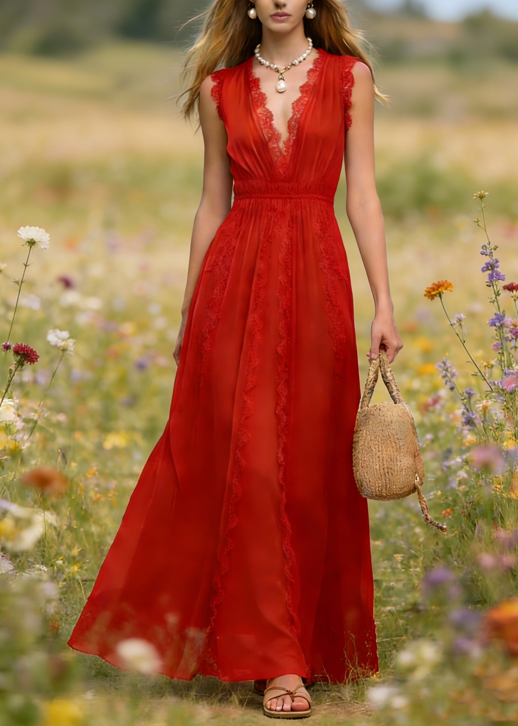 French Red V Neck Lace Patchwork Cotton Maxi Dress Summer - Omychic