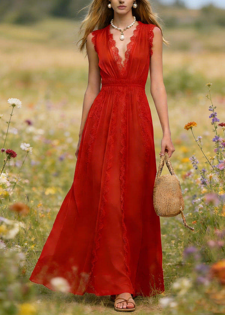 French Red V Neck Lace Patchwork Cotton Maxi Dress Summer - Omychic
