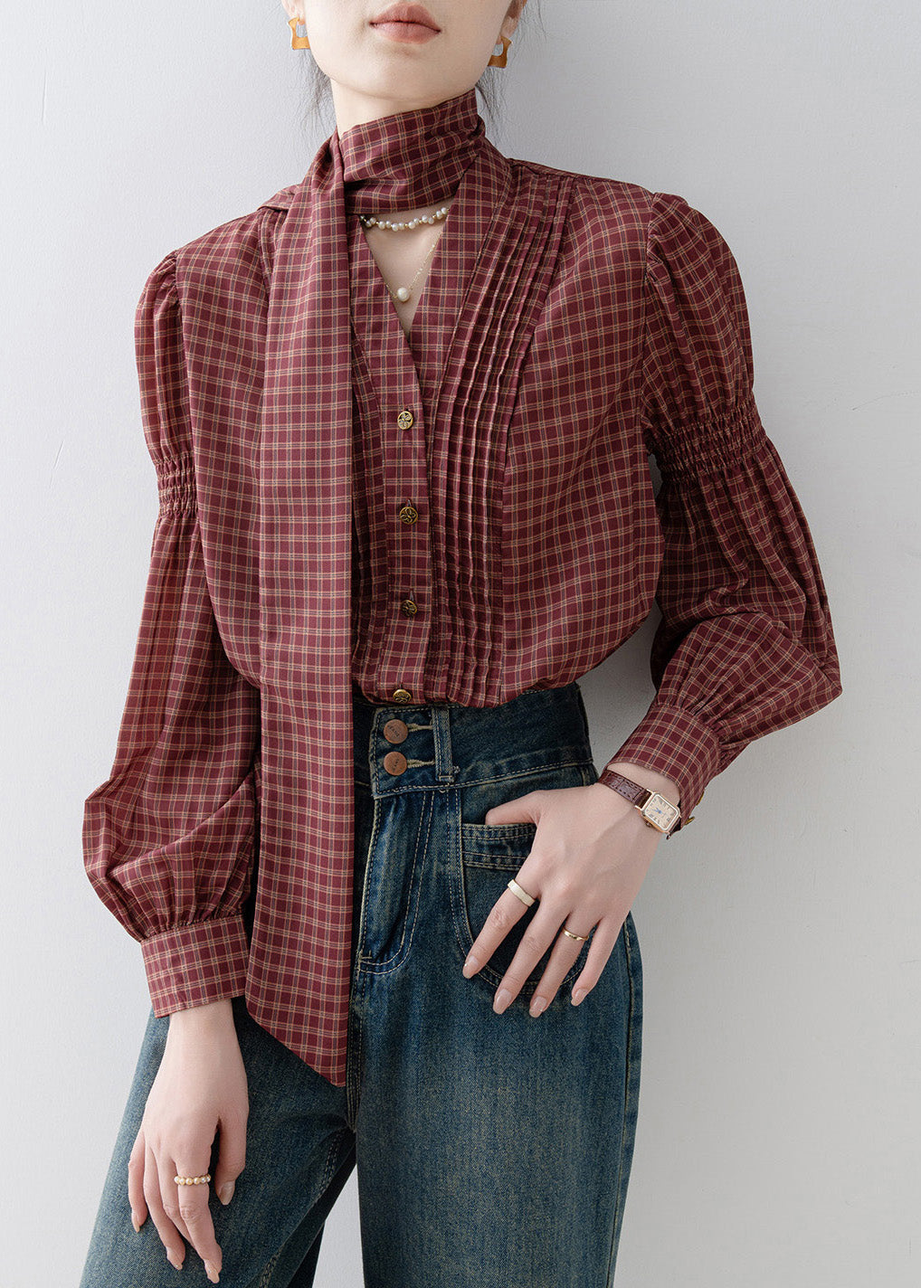 French Red V Neck Plaid Wrinkled Cotton Blouses Spring