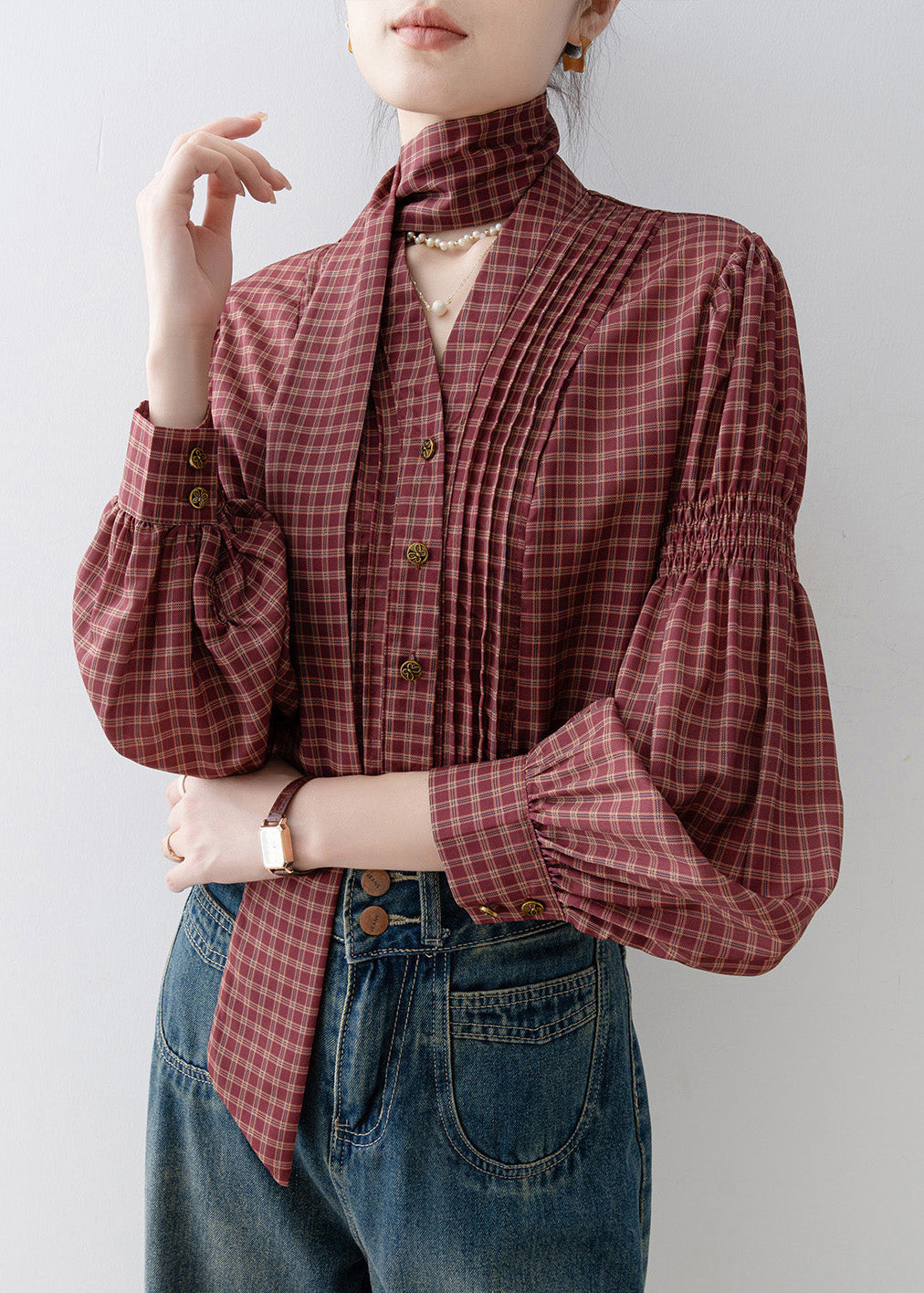 French Red V Neck Plaid Wrinkled Cotton Blouses Spring
