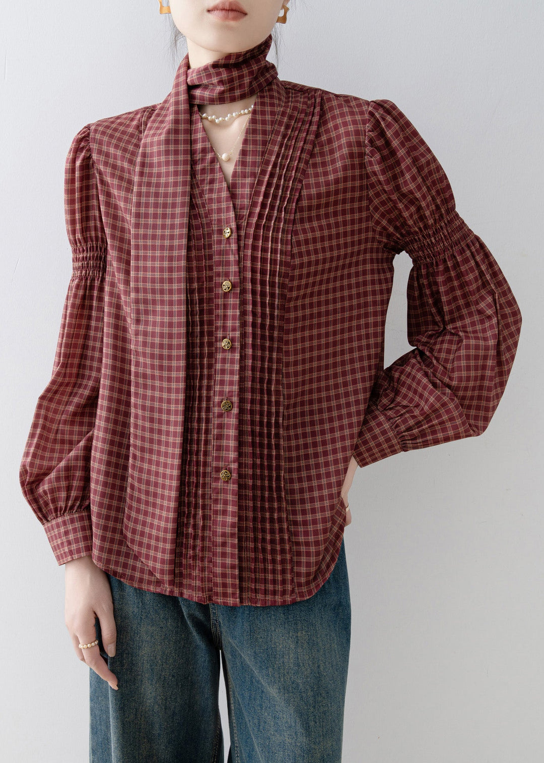 French Red V Neck Plaid Wrinkled Cotton Blouses Spring
