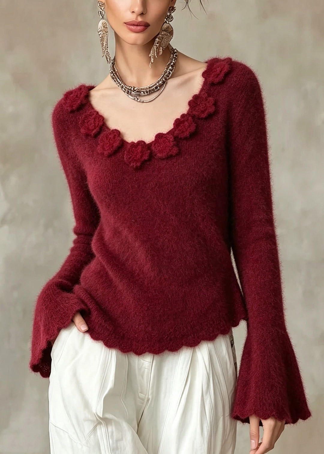 French Red V Neck Print Knit Sweaters Flare Sleeve