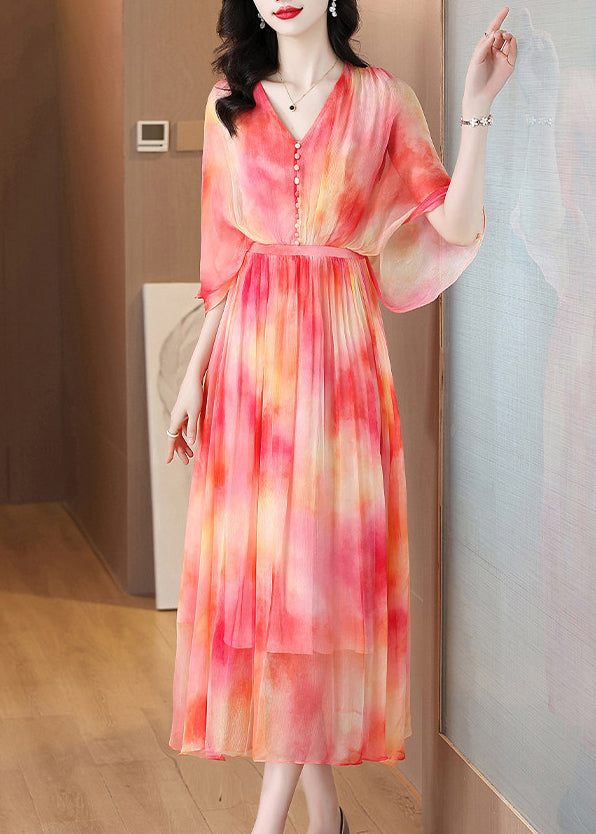 French Red V Neck Print Silk Maxi Holiday Dress Half Sleeve