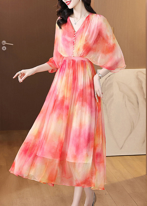 French Red V Neck Print Silk Maxi Holiday Dress Half Sleeve