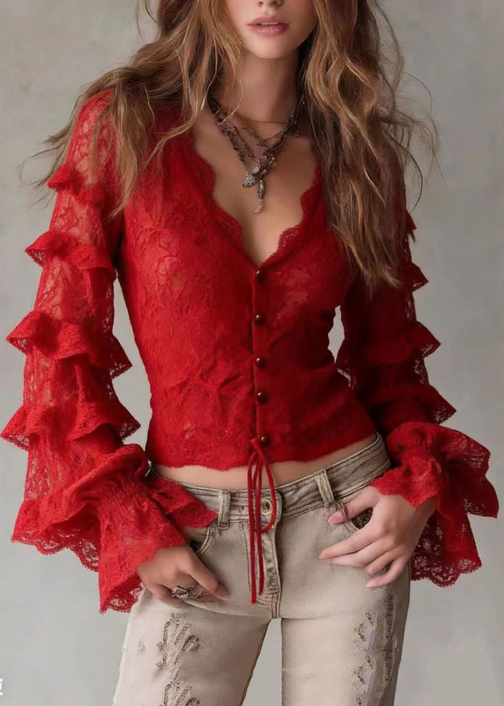 French Red V Neck Ruffled Patchwork Lace Top Spring