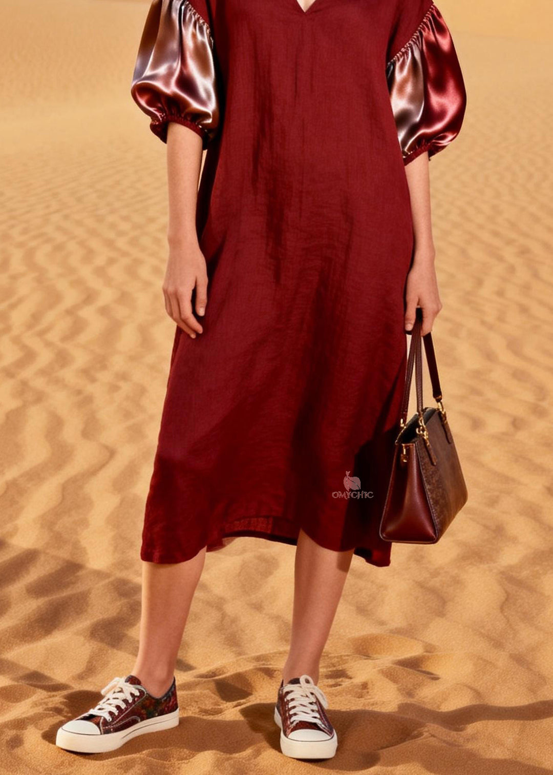 French Red V Neck Silk Patchwork Linen Dresses Summer