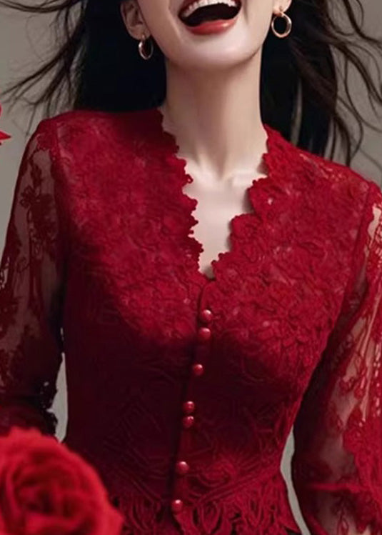 French Red V Neck Slim Fit Lace Shirt Tops Spring