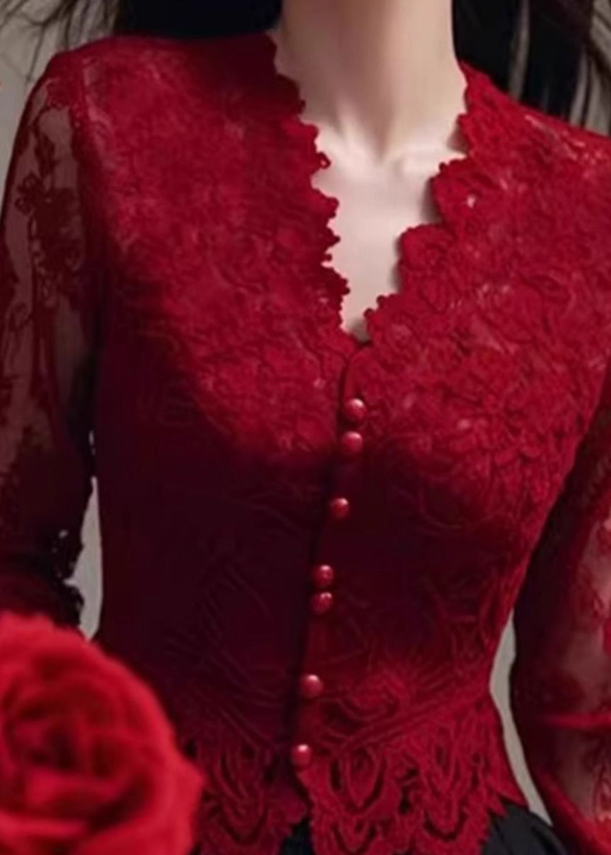 French Red V Neck Slim Fit Lace Shirt Tops Spring