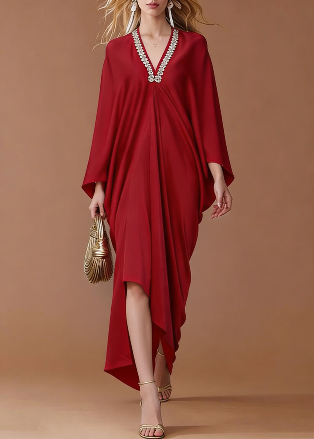 French Red V Neck Zircon Silk Party Dresses Batwing Sleeve