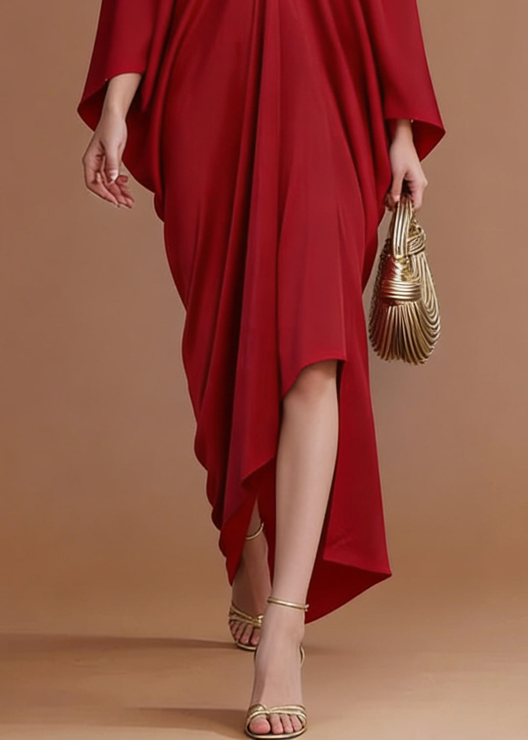 French Red V Neck Zircon Silk Party Dresses Batwing Sleeve
