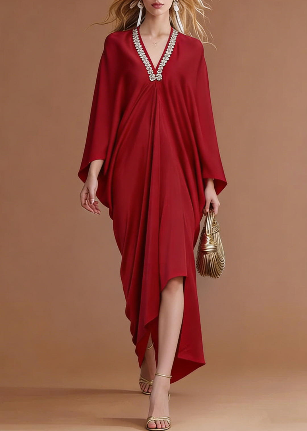 French Red V Neck Zircon Silk Party Dresses Batwing Sleeve