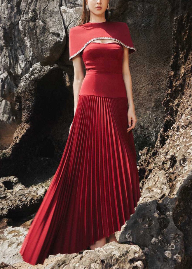 French Red Zircon Pearl Wrinkled Silk Maxi Dresses Summer