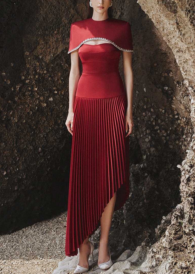 French Red Zircon Pearl Wrinkled Silk Maxi Dresses Summer