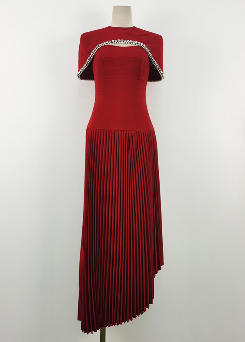 French Red Zircon Pearl Wrinkled Silk Maxi Dresses Summer