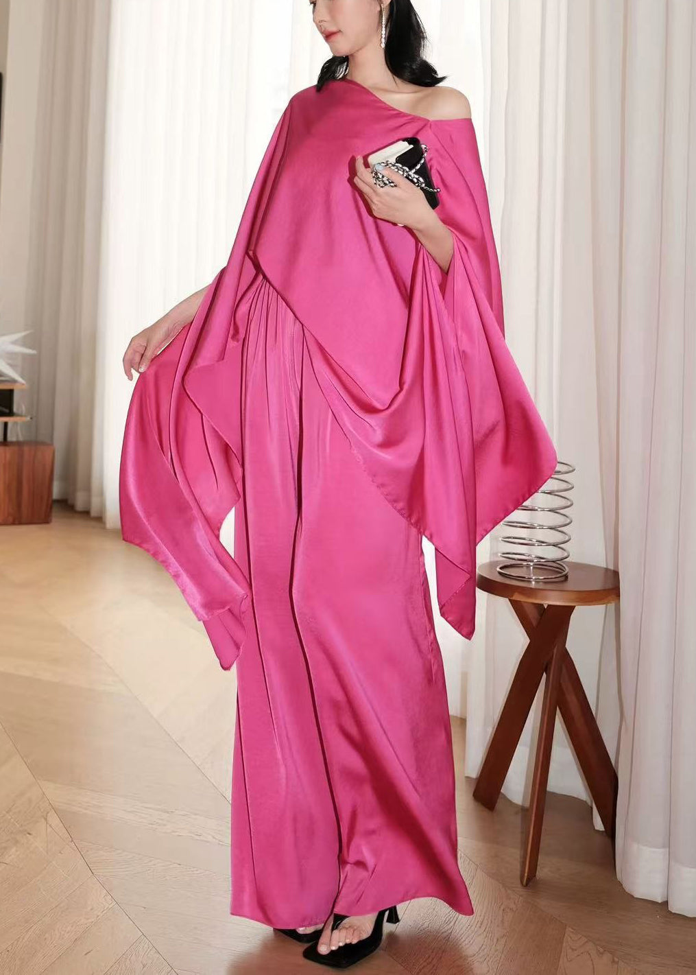 French Rose Asymmetrical Solid Silk Two Pieces Set Batwing Sleeve