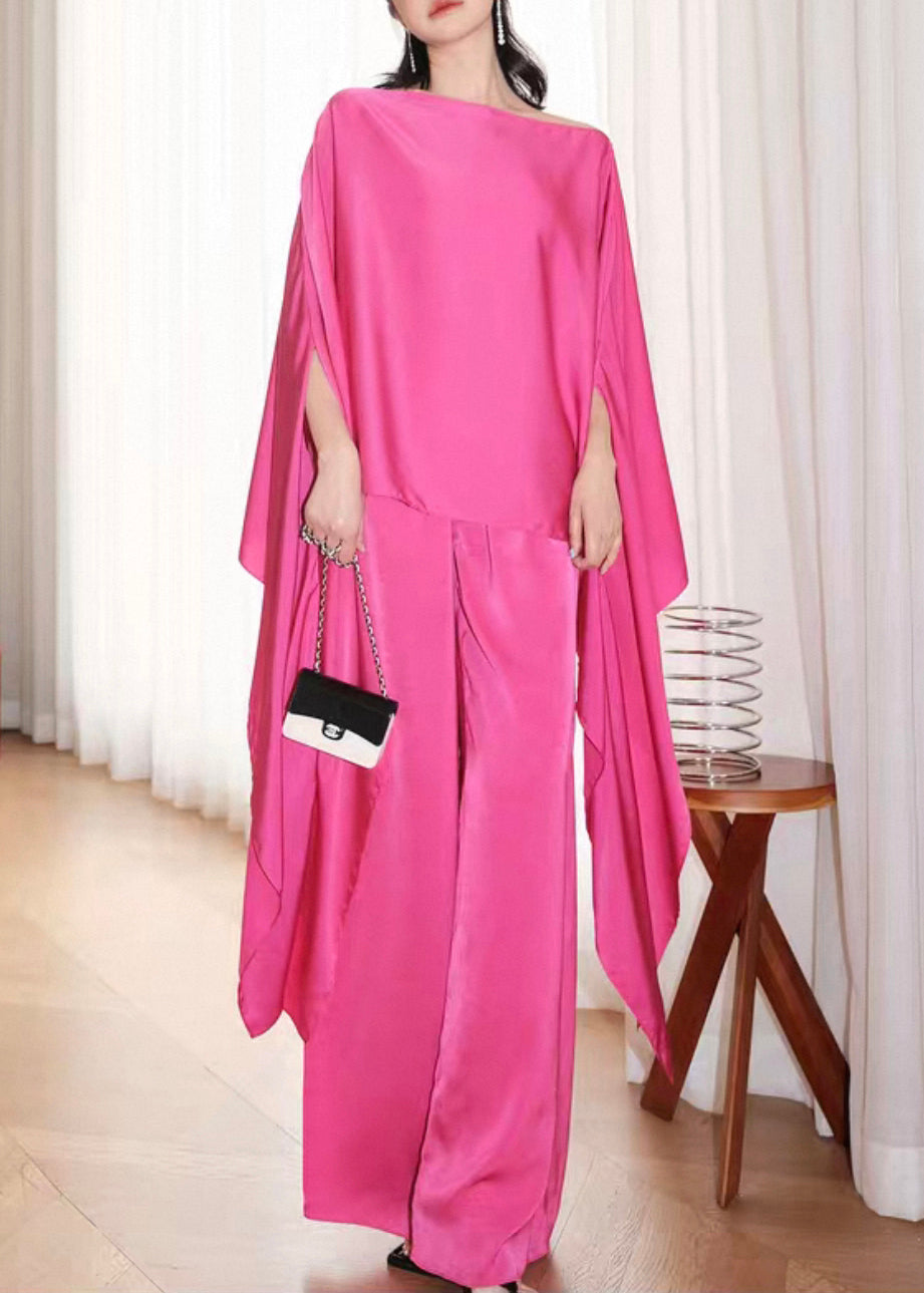 French Rose Asymmetrical Solid Silk Two Pieces Set Batwing Sleeve