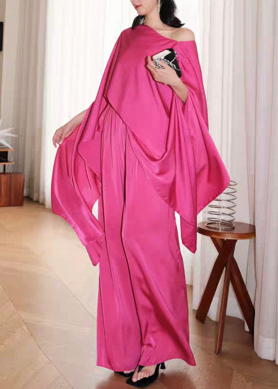 French Rose Asymmetrical Solid Silk Two Pieces Set Batwing Sleeve
