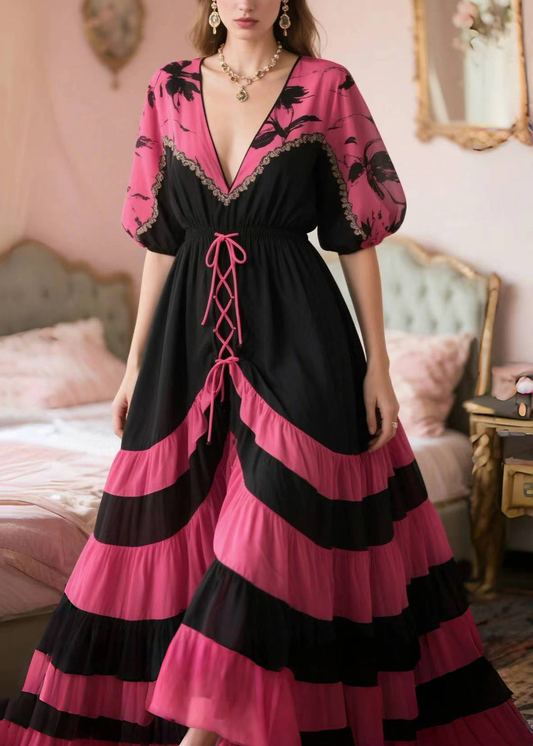 French Rose Cross Strap Patchwork Chiffon Party Dress Summer