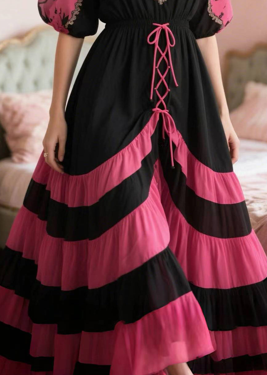 French Rose Cross Strap Patchwork Chiffon Party Dress Summer