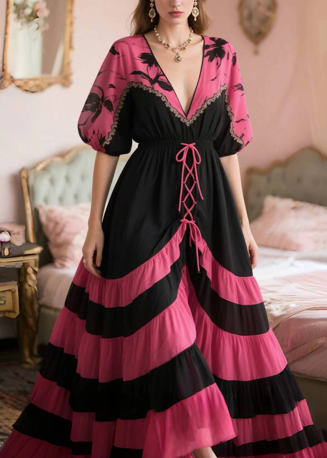 French Rose Cross Strap Patchwork Chiffon Party Dress Summer