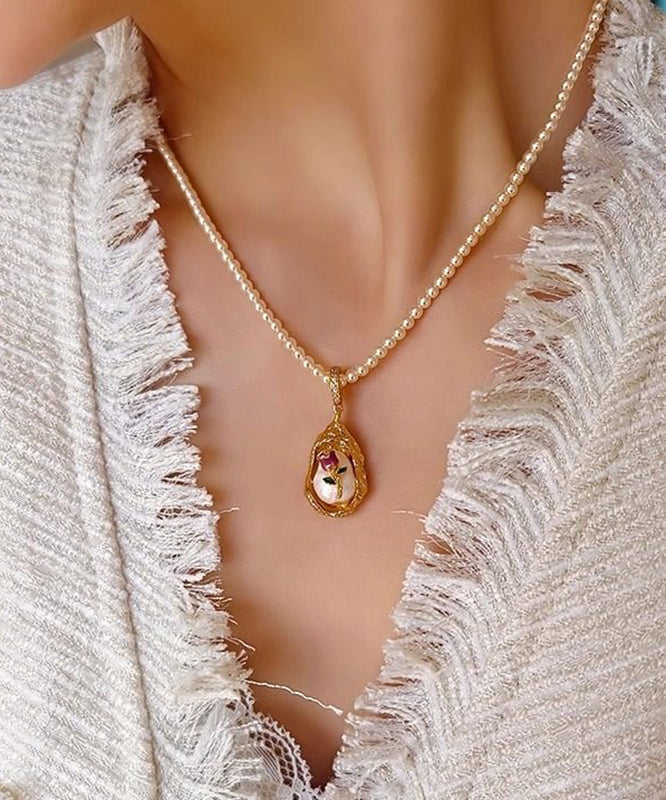 French Rose Gold Copper Overgild Rose Pearl Beading Pendant Necklace