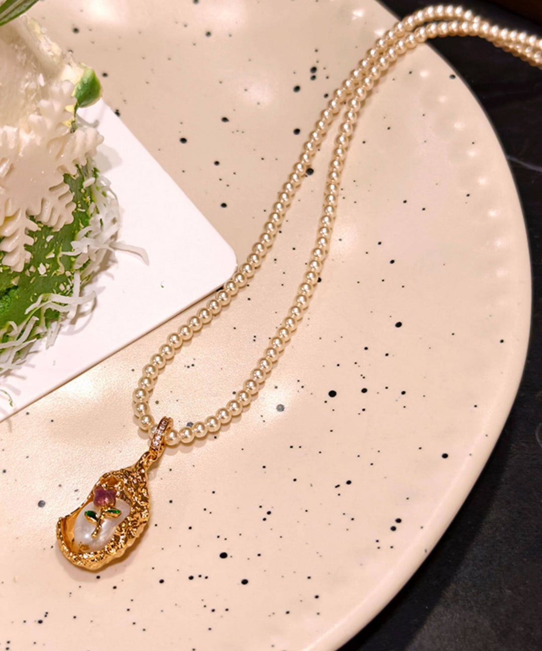 French Rose Gold Copper Overgild Rose Pearl Beading Pendant Necklace