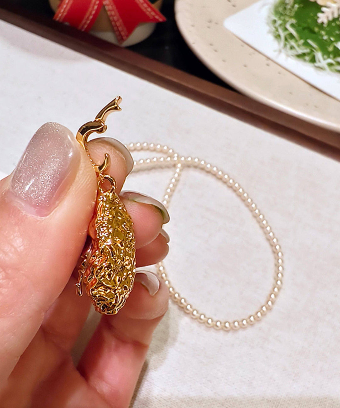 French Rose Gold Copper Overgild Rose Pearl Beading Pendant Necklace