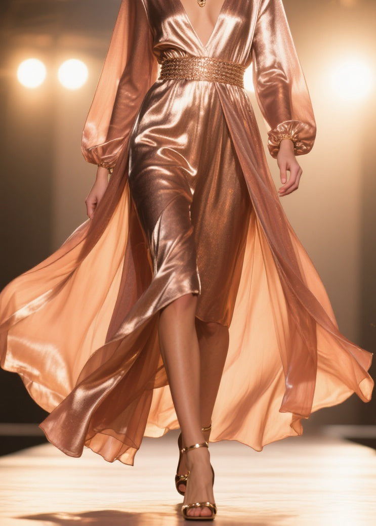 French Rose Gold High Waist Solid Silk Long Dress Spring