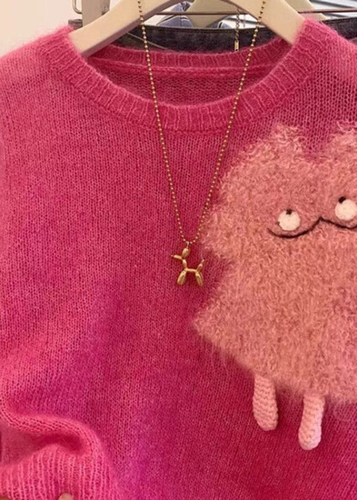 French Rose O Neck Cartoon Knit Short Sweater Spring