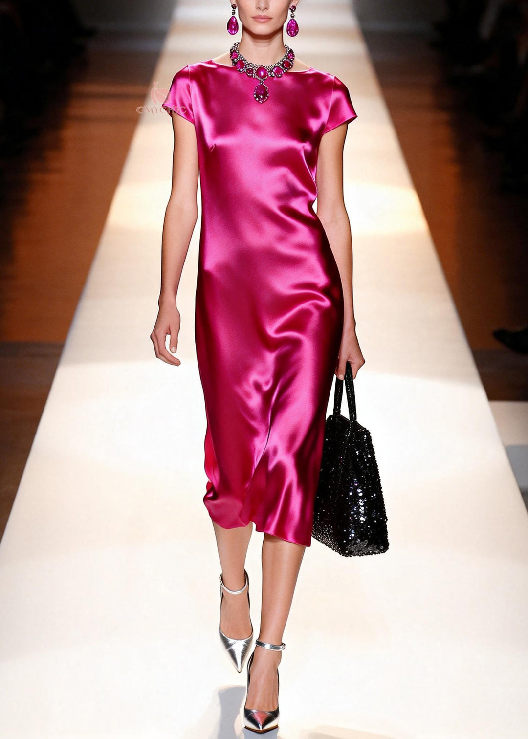 French Rose O Neck Draping Silk Long Dress Summer
