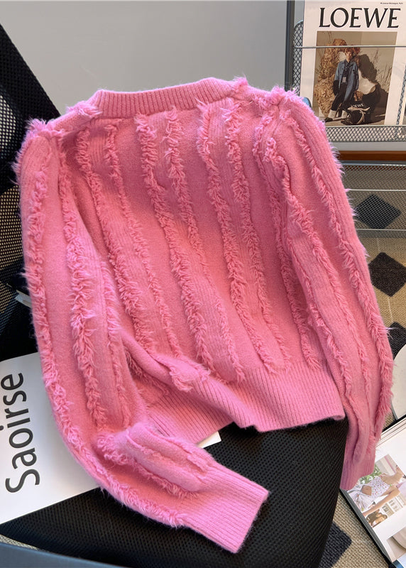 French Rose O Neck Tassel Patchwork Knit Sweaters Spring