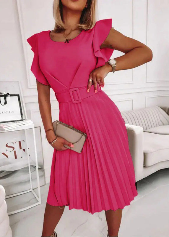 French Rose O Neck Wrinkled Cotton Dress Butterfly Sleeve