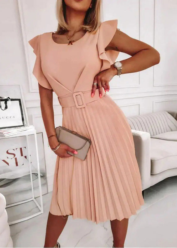 French Rose O Neck Wrinkled Cotton Dress Butterfly Sleeve