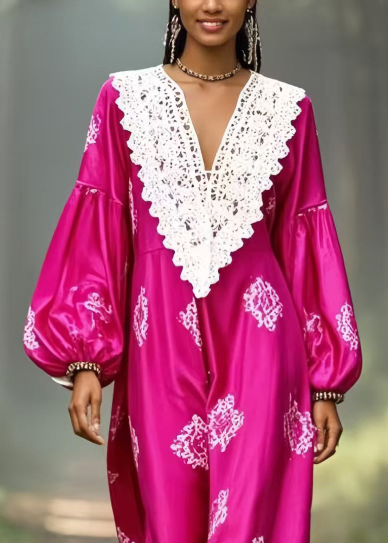 French Rose Oversized Patchwork Lace Silk Maxi Dress Lantern Sleeve