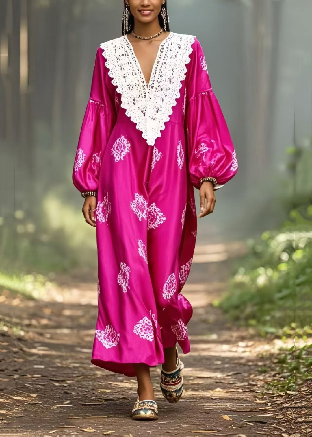 French Rose Oversized Patchwork Lace Silk Maxi Dress Lantern Sleeve