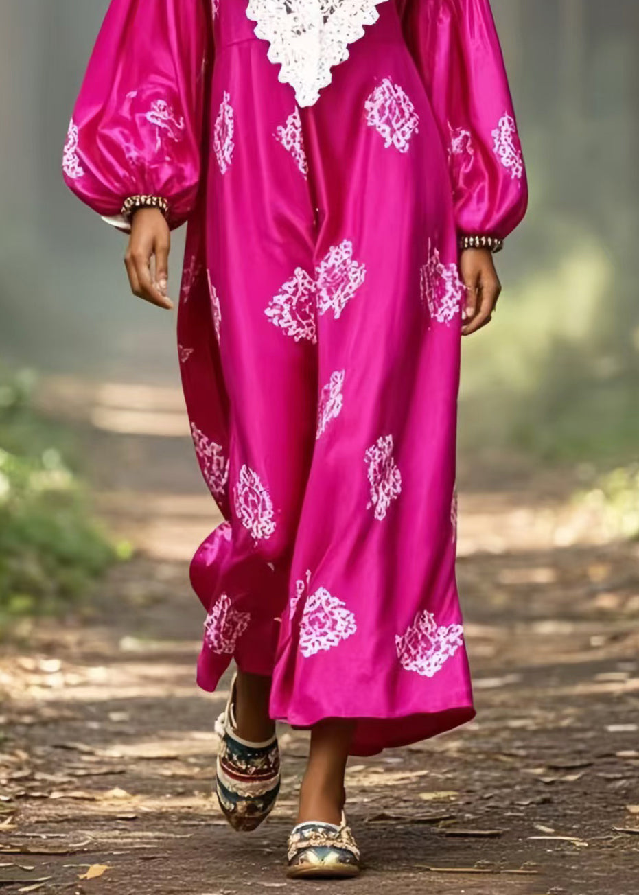 French Rose Oversized Patchwork Lace Silk Maxi Dress Lantern Sleeve