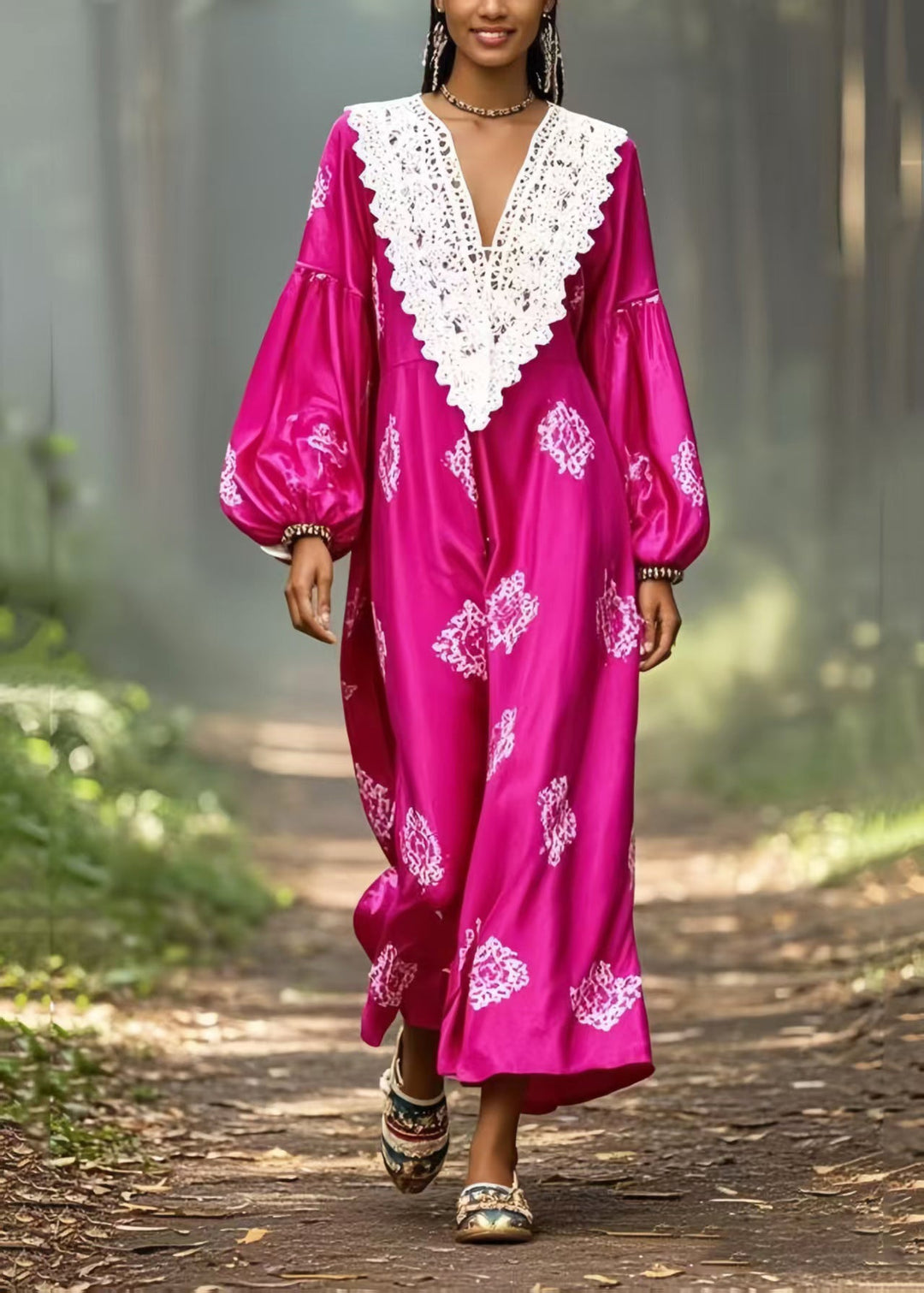 French Rose Oversized Patchwork Lace Silk Maxi Dress Lantern Sleeve
