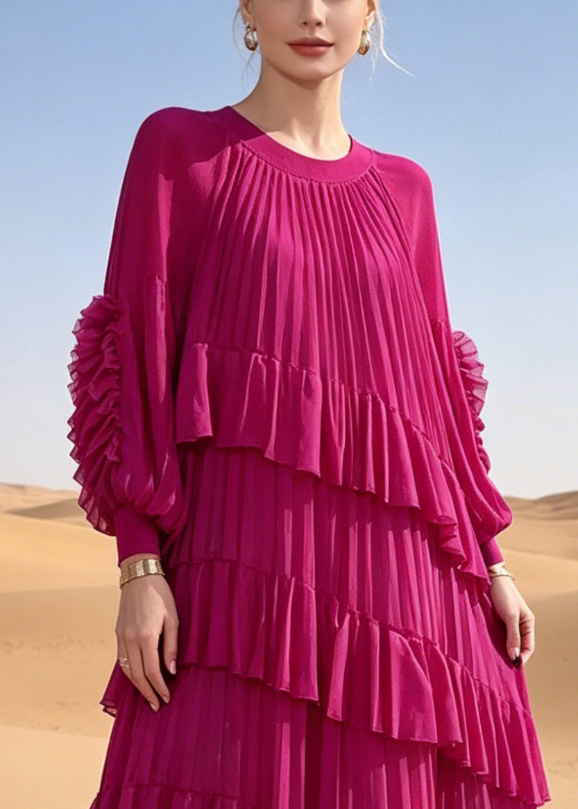 French Rose Oversized Ruffles Chiffon Maxi Dresses Summer