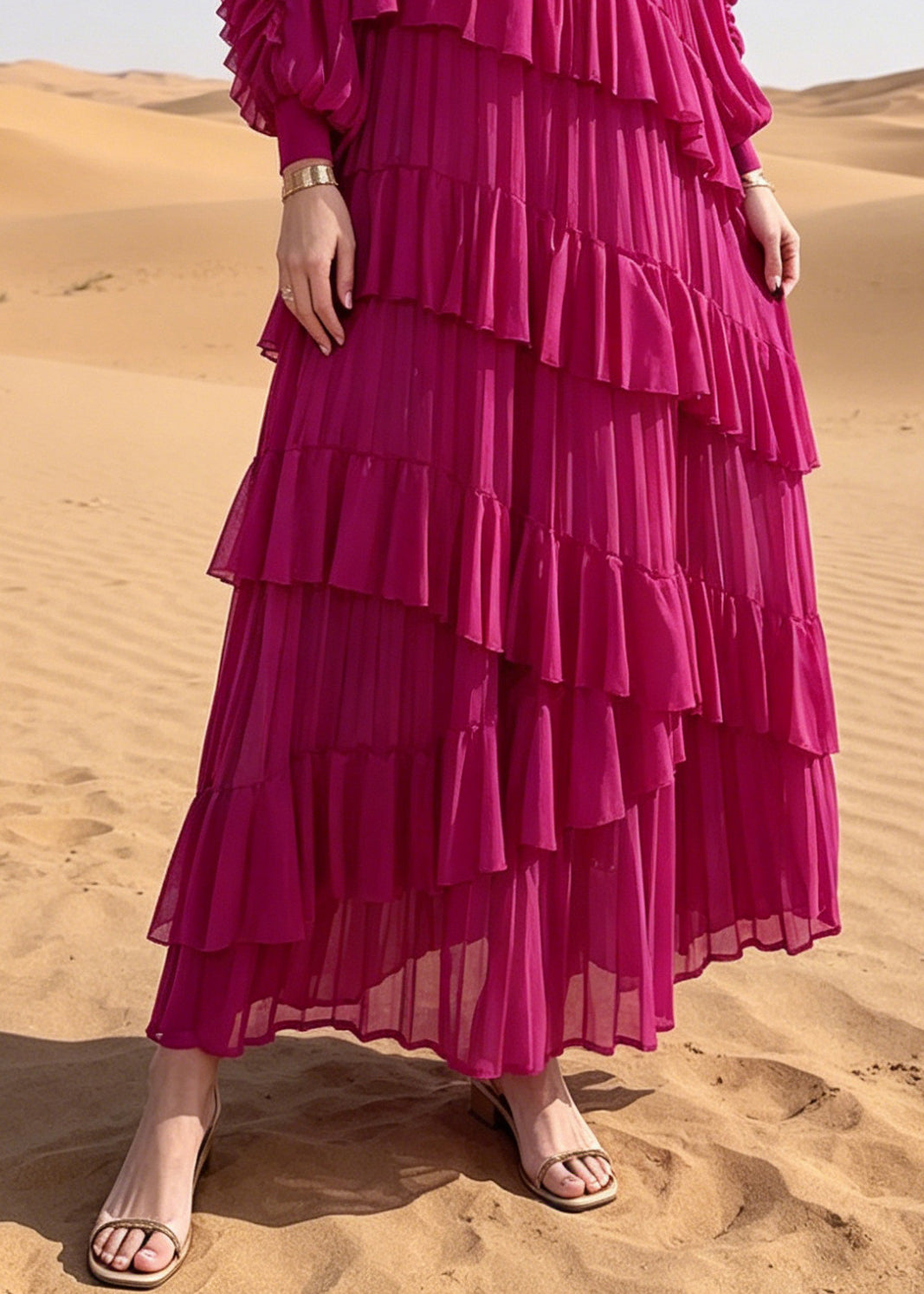 French Rose Oversized Ruffles Chiffon Maxi Dresses Summer