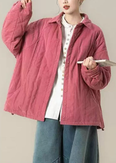 French Rose Oversized Striped Fine Cotton Filled Coat Winter