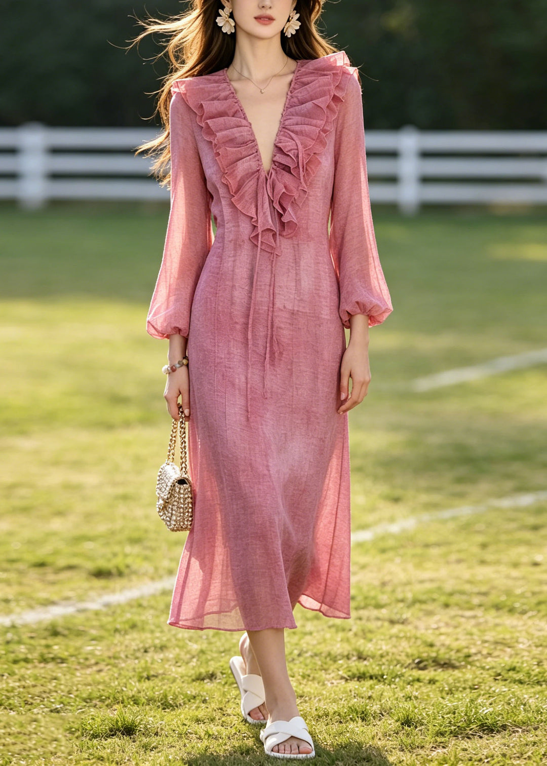 French Rose Ruffled Tie Dye Chiffon Dresses Summer