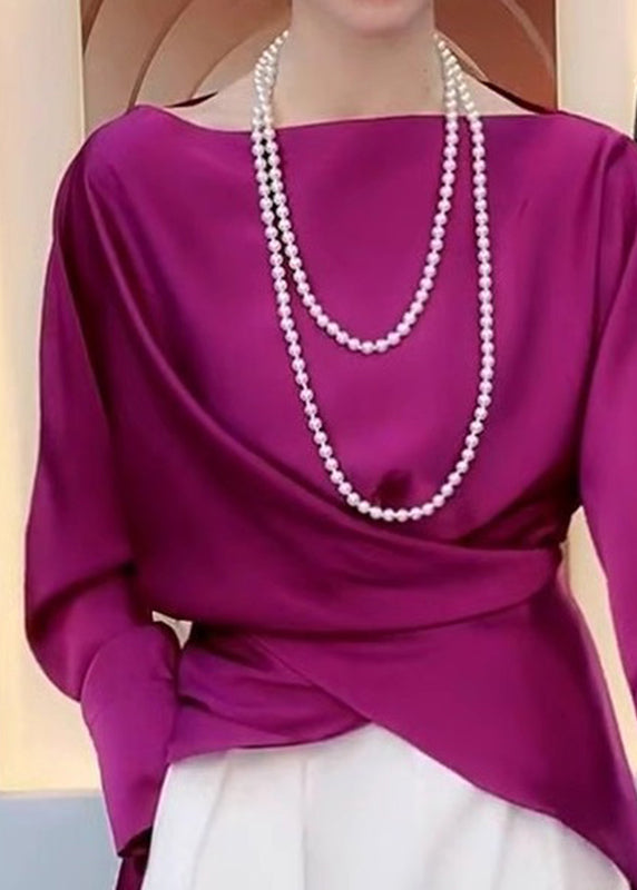 French Rose Slash Neck Asymmetrical Tie Waist Shirt Spring