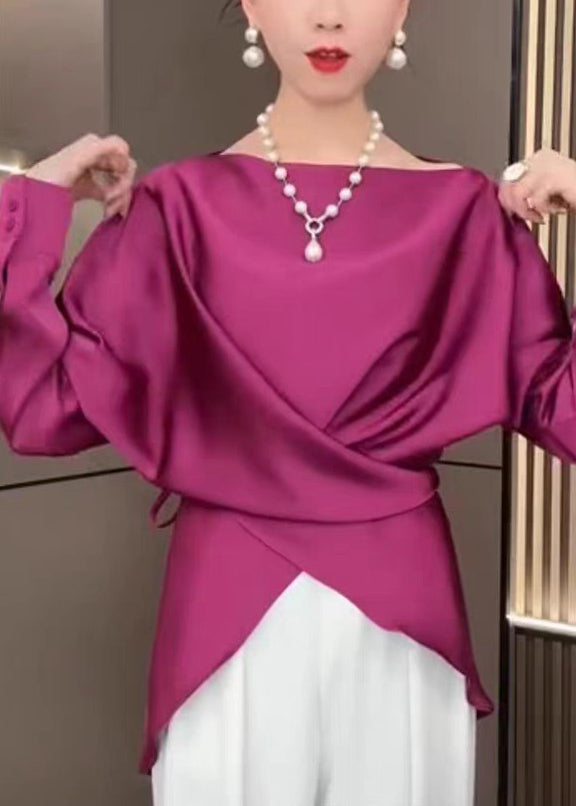 French Rose Slash Neck Asymmetrical Tie Waist Shirt Spring