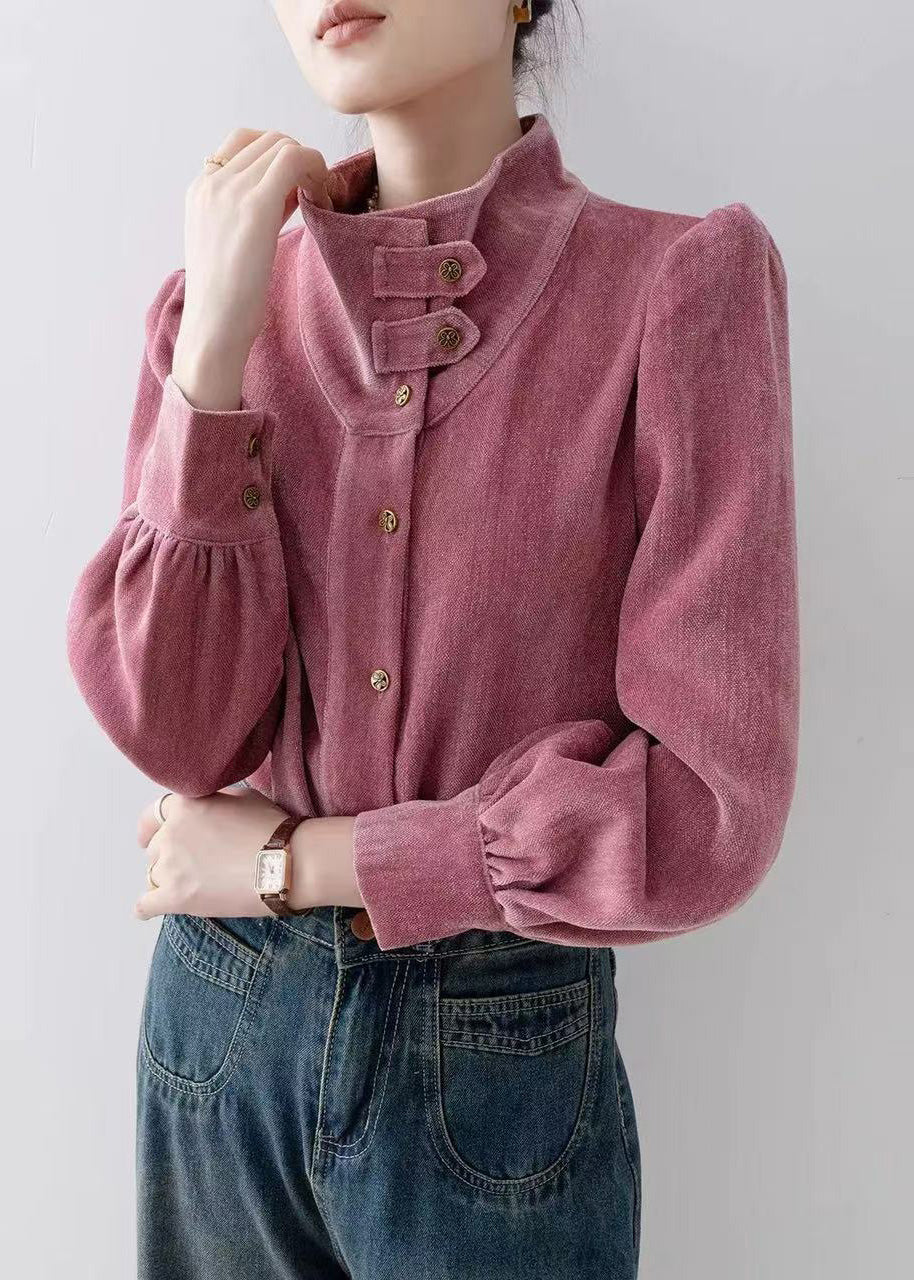 French Rose Stand Collar Button Velour Top Spring