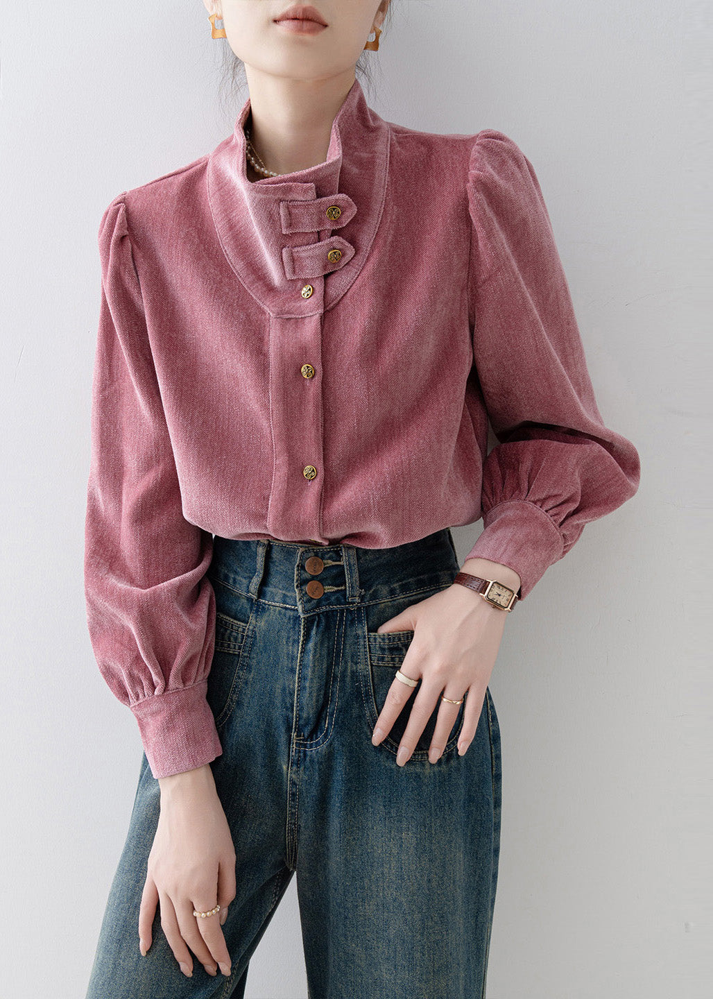 French Rose Stand Collar Button Velour Top Spring